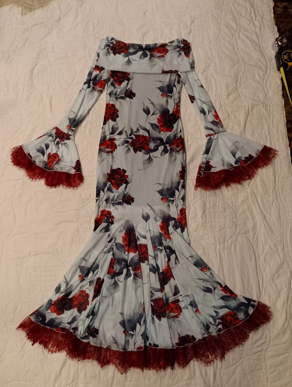 Mesh Floral Off-Shoulder Bell-Sleeve Maxi Dress Lace Trim in Light Grey & Red